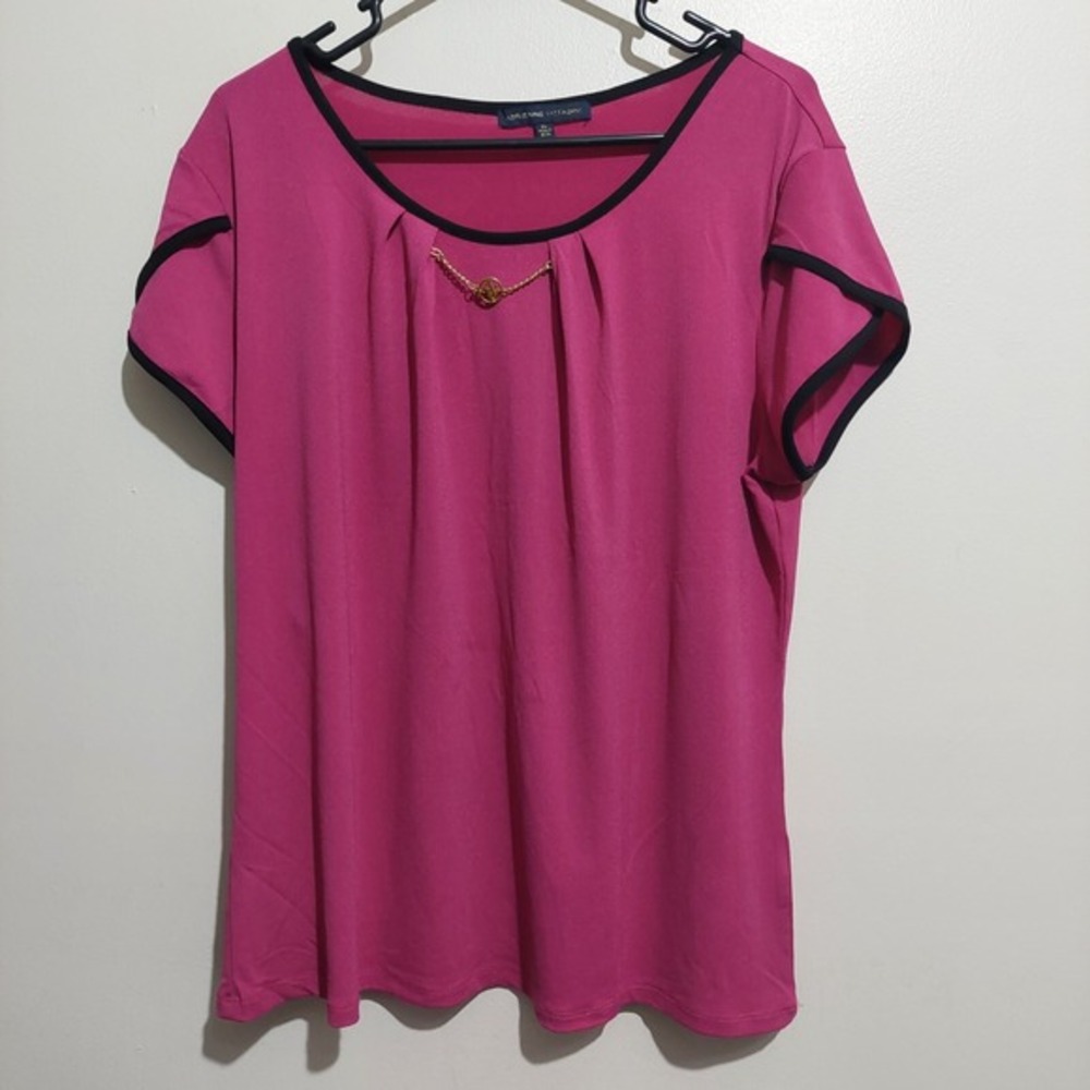 Adrienne Vittadini Womens XL Blouse Plum Short Petal Sleeves Stretch Round Neck